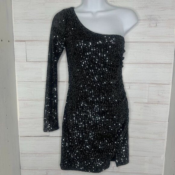 Windsor Womens Dazzling Diva Black Sequin One Shoulder Mini Dress - Size Small - Picture 3 of 9